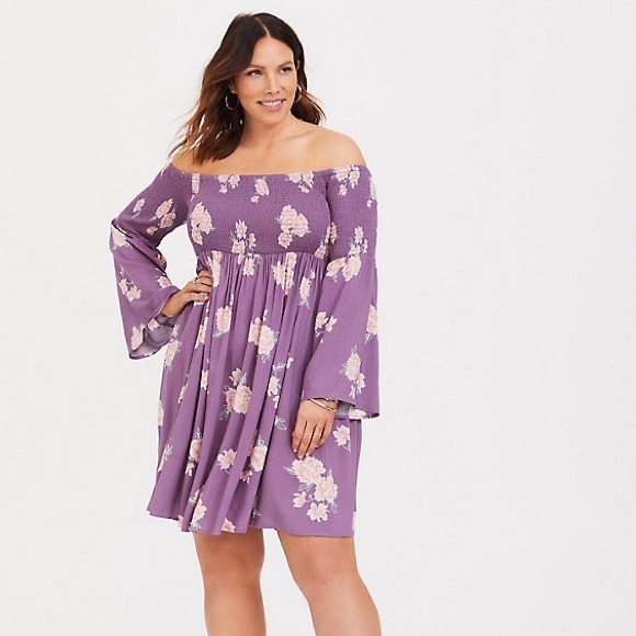 purple floral off the shoulder dress
